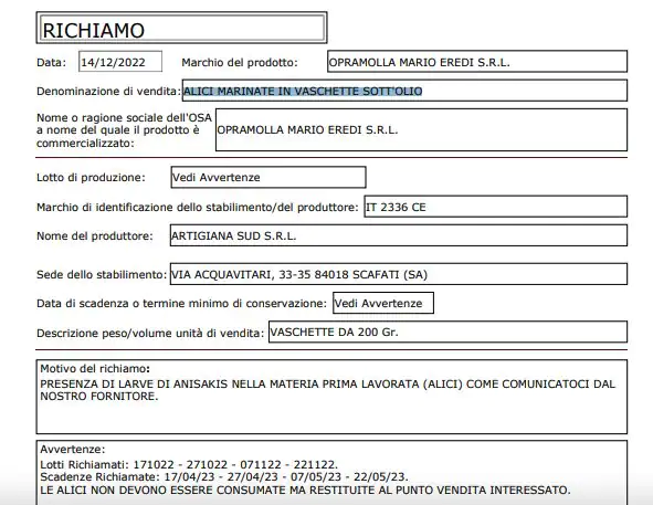 Alici marinate in vaschetta sott'olio richiamate dal Ministero