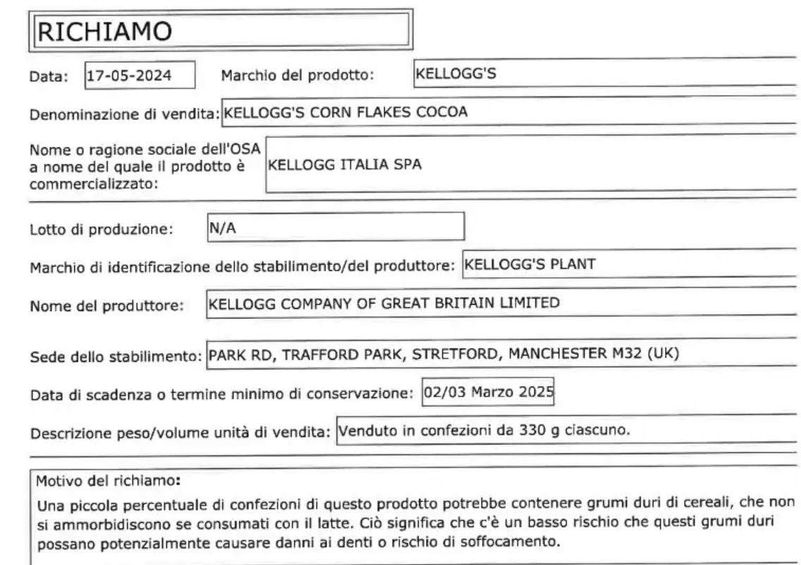 Richiamo alimentare dei cereali Kellogg's