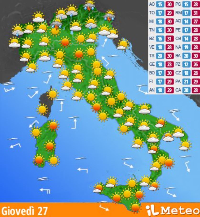 Meteo in Italia previsioni per giovedì 27 giugno