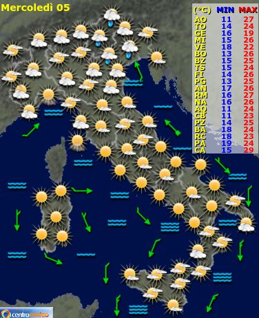 Previsioni meteo di mercoledì 5 giugno