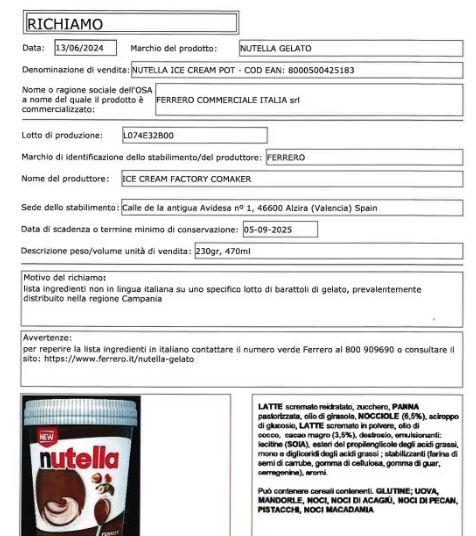 richiamato dal ministero il nutella gelato