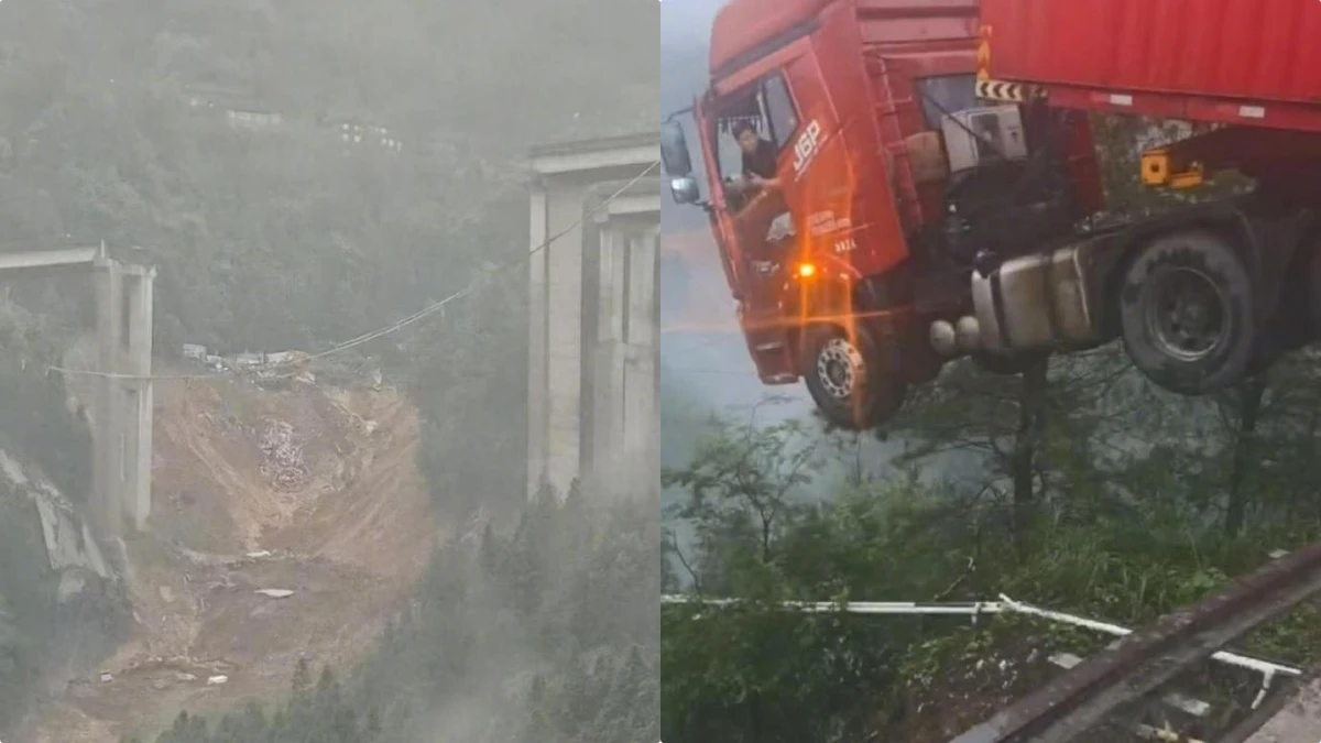 Il ponte crolla e un camion resta sospeso nel vuoto: il video diventa virale Il ponte crolla e un camion resta sospeso nel vuoto: il video diventa virale