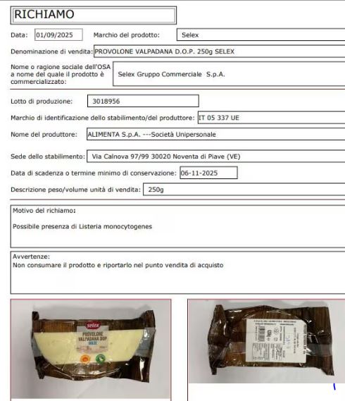 Richiamo alimentare provolone dop rischio listeria