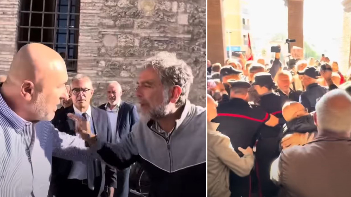 alta tensione dopo le parole su gaza rissa sfiorata tra i manifestanti e il politico video
