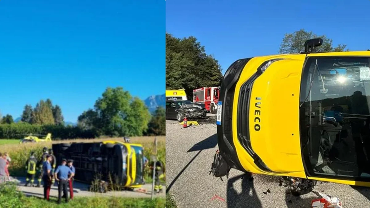 frontale spaventoso si ribalta uno scuolabus elisoccorso sul posto