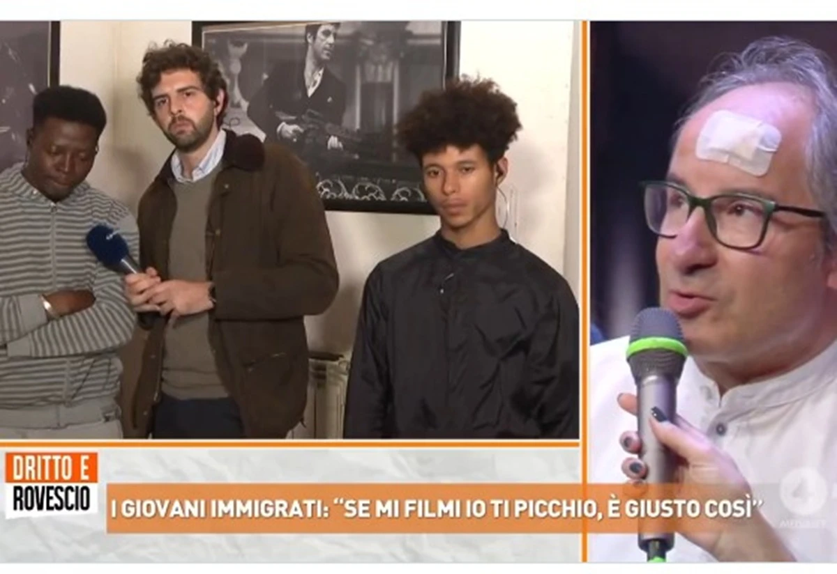 Frame della trasmissione con Del Debbio e ospiti che discutono animatamente della rissa a Verona