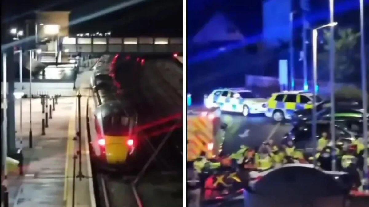 Ambulanze e polizia all'esterno della stazione ferroviaria di Huntingdon