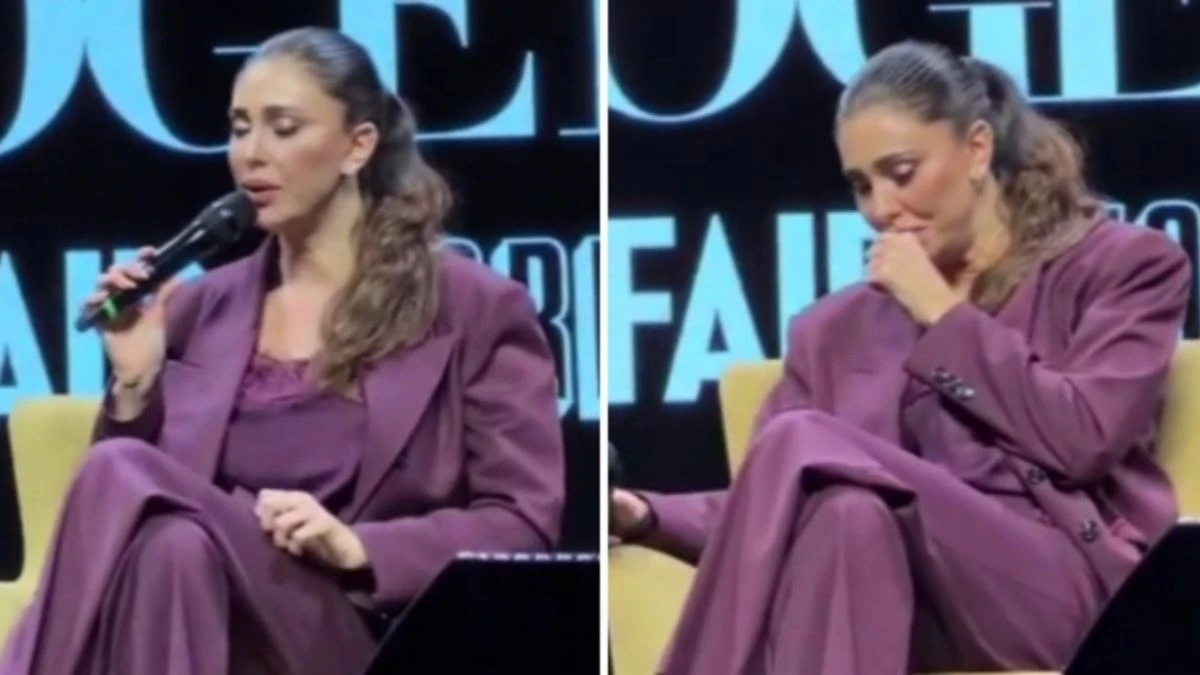 Belen Rodriguez sul palco del Vanity Fair Stories, visibilmente affaticata
