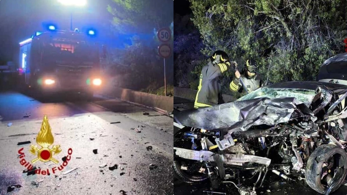 Mezzi di soccorso sul luogo dell'incidente nella notte lungo la statale 130 nei pressi di Iglesias