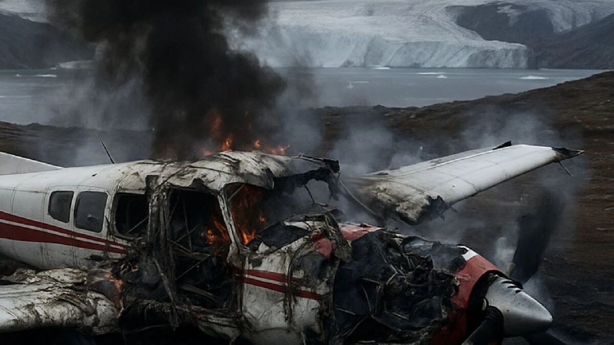 Illustrazione di un incidente aereo in una zona remota con atmosfera drammatica e suggestiva.