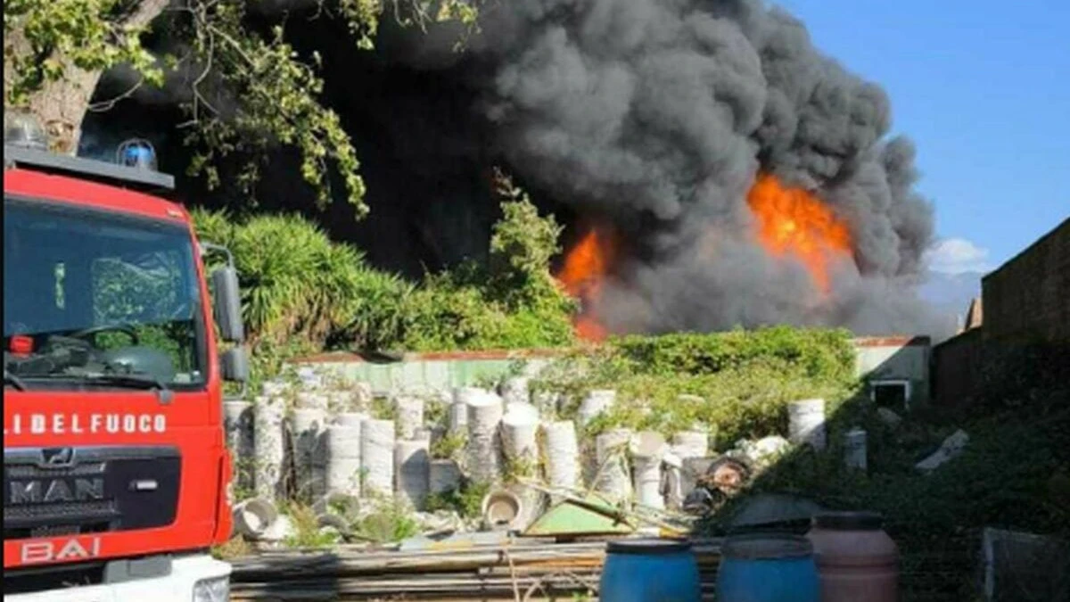 Immagine dell'incendio a Palma Campania con nube nera e colonne di fumo