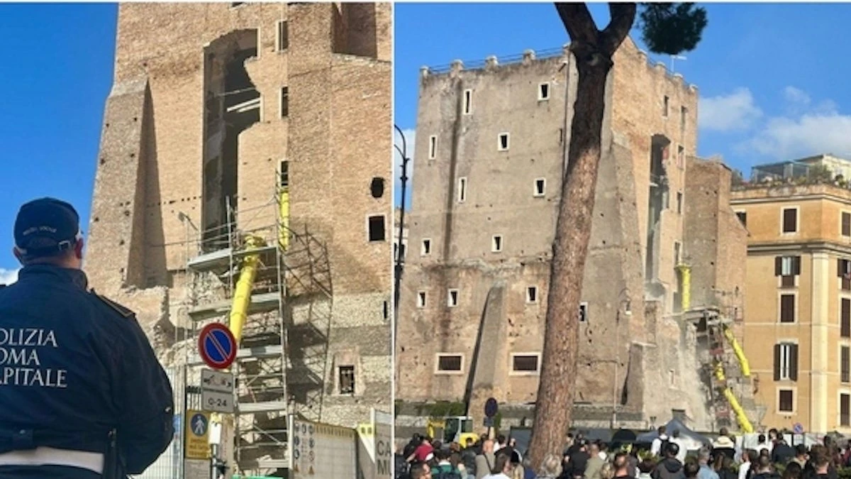 Foto della Torre dei Conti parzialmente crollata a Roma