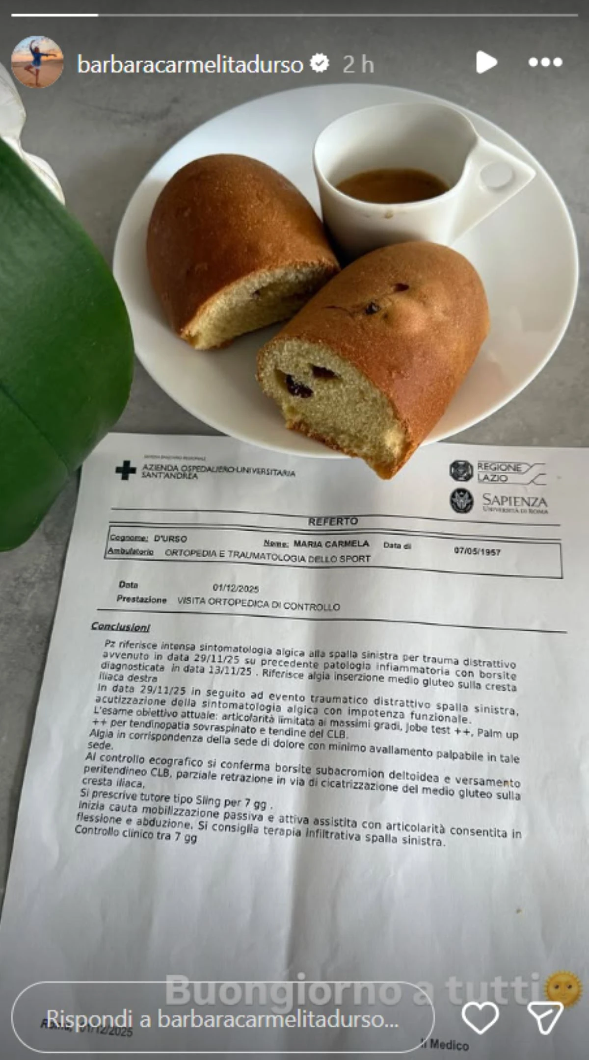 Dettaglio del referto medico di Barbara D'Urso, con prescrizione in evidenza