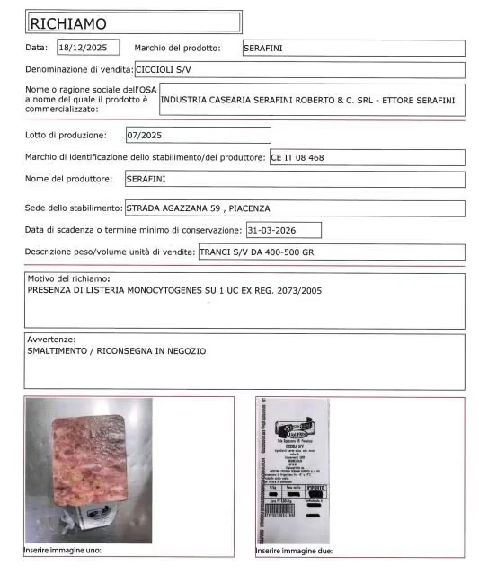 Confezione di ciccioli richiamata esposta in avviso di sicurezza