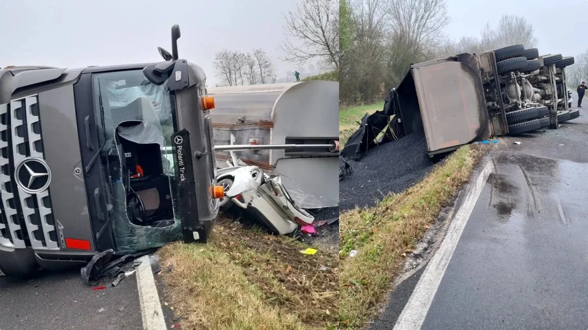 Immagine dell'incidente stradale a Molinella, camion ribaltato