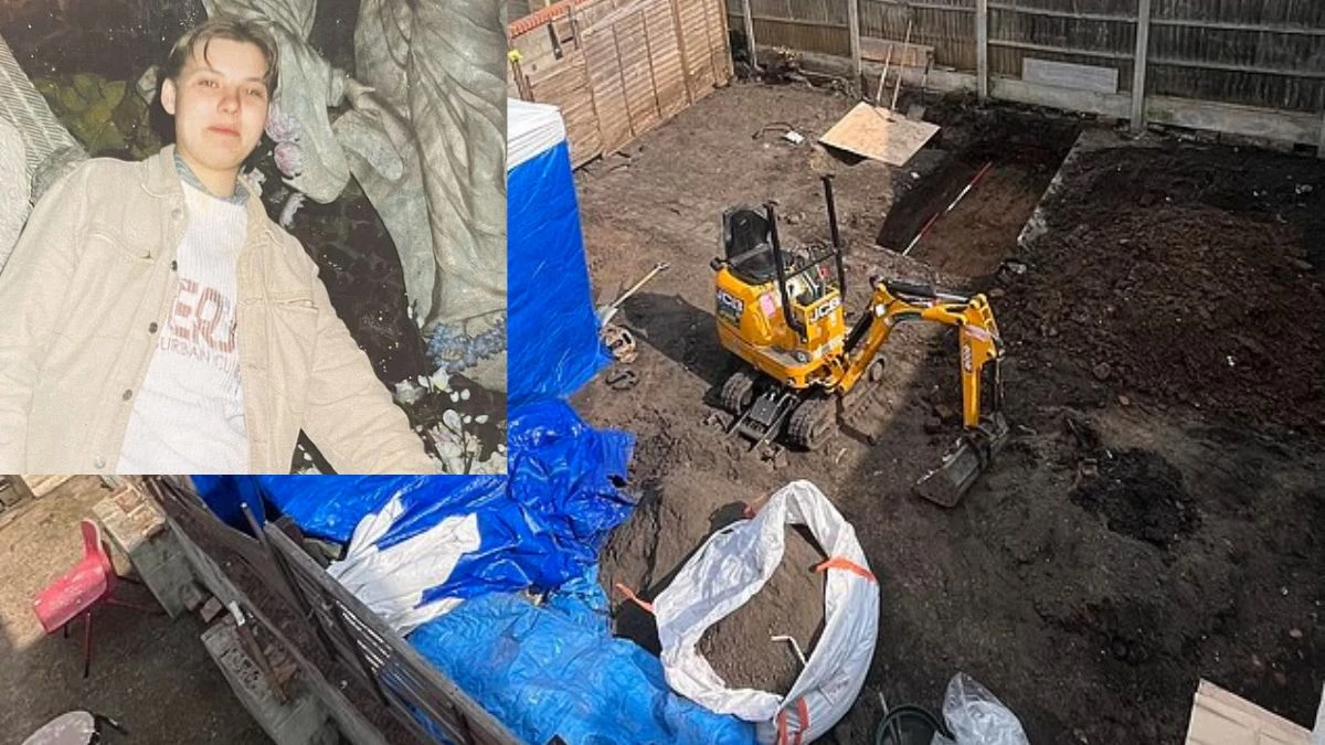 Primo piano del giardino di una casa sottoposto a scavi investigativi