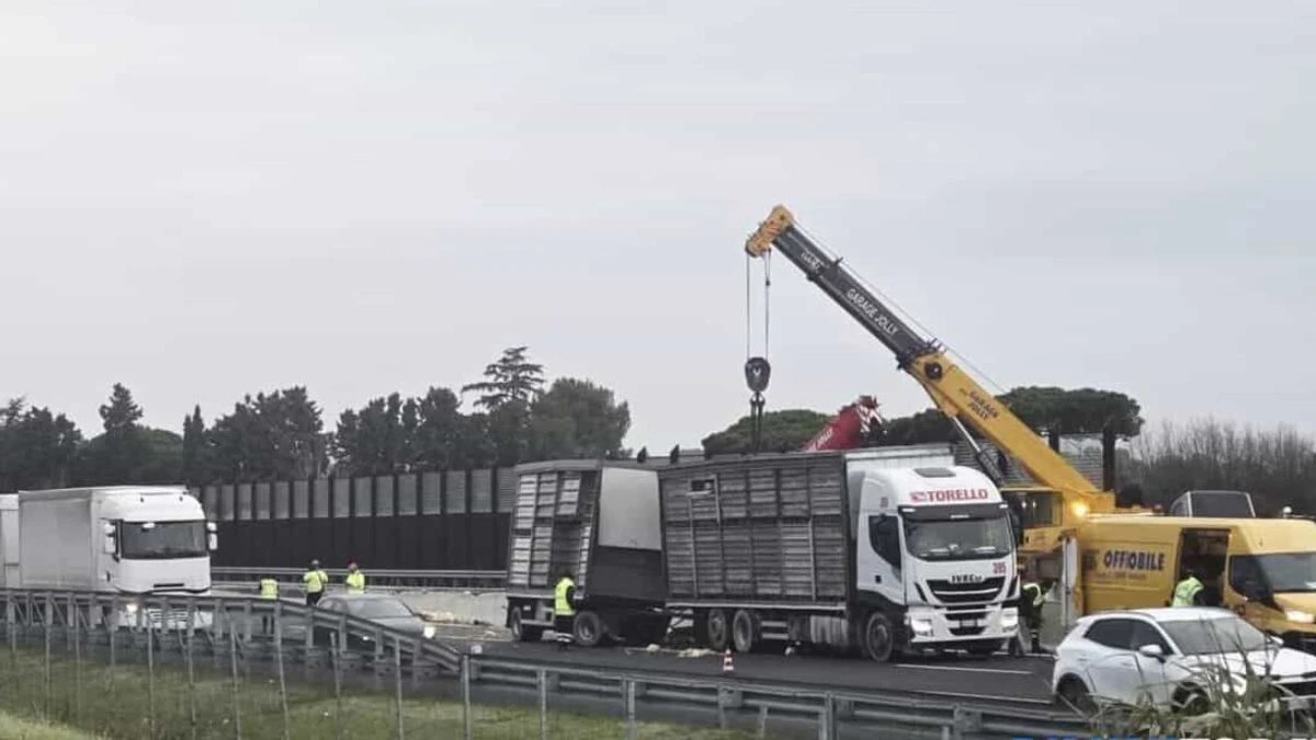Pattuglie della Polizia Stradale e mezzi di soccorso in intervento in autostrada