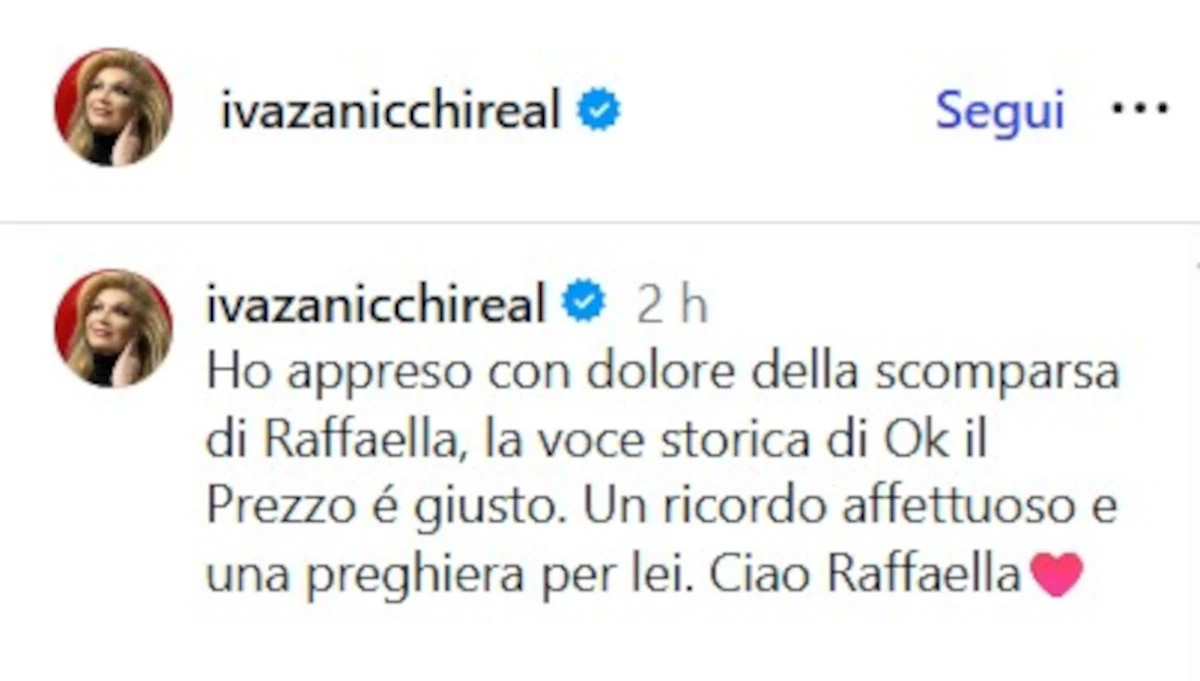 Annuncio social di Iva Zanicchi per Raffaella Bragazzi