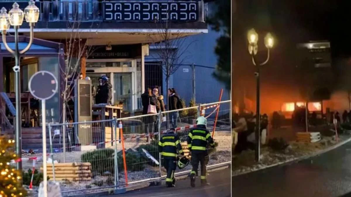 Luogo dell'incendio a Crans-Montana con mezzi di soccorso