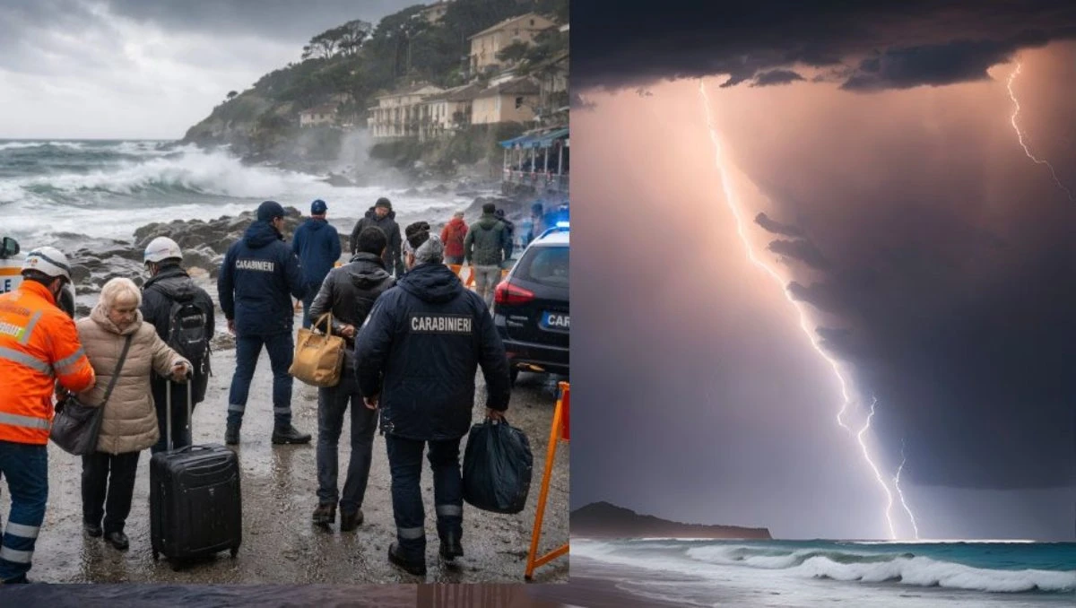 Immagine del maltempo estremo in Italia con cielo scuro e mare agitato