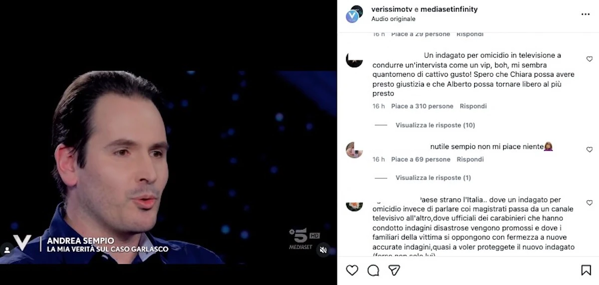 Un momento dell'intervista ad Andrea Sempio a Verissimo