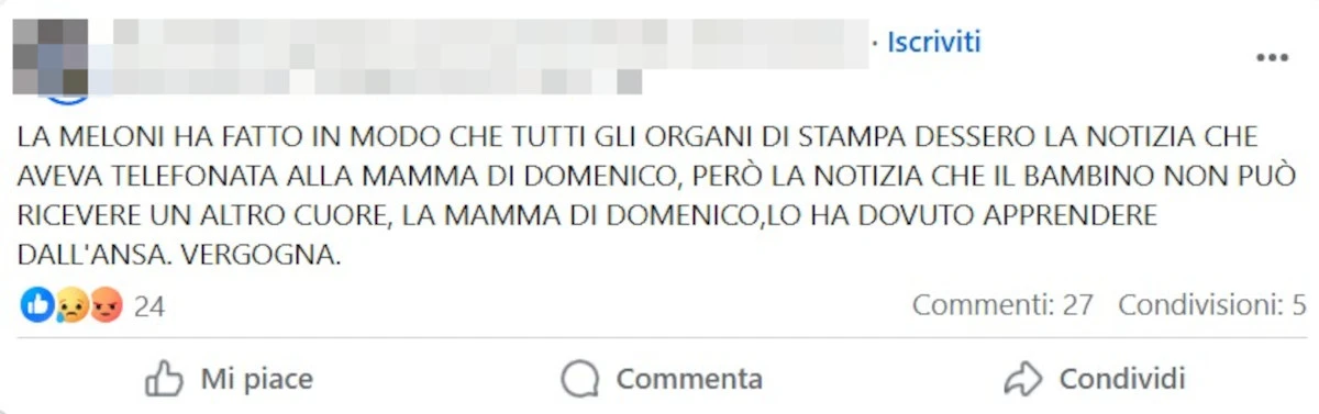Screenshot del commento citato nella polemica social