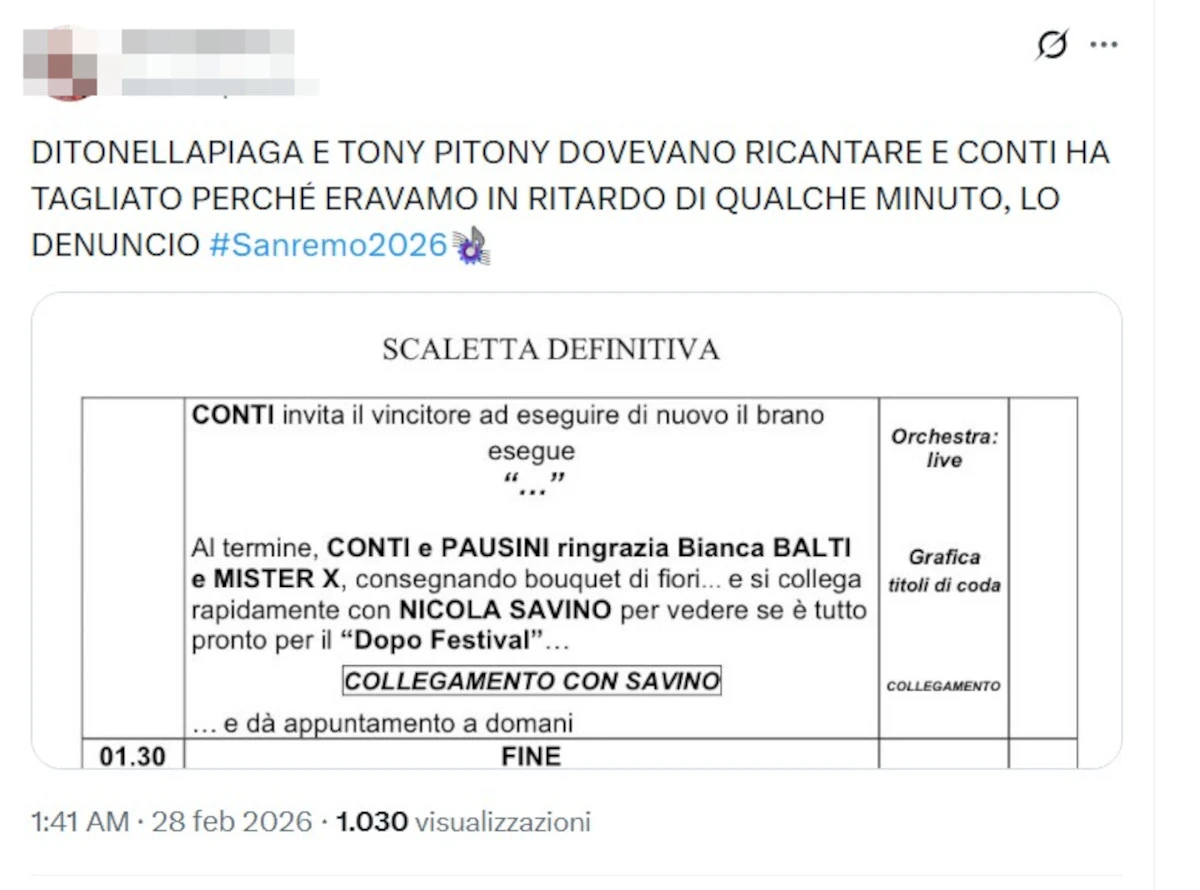 Screenshot del post social con la scaletta e il commento sulla mancata replica