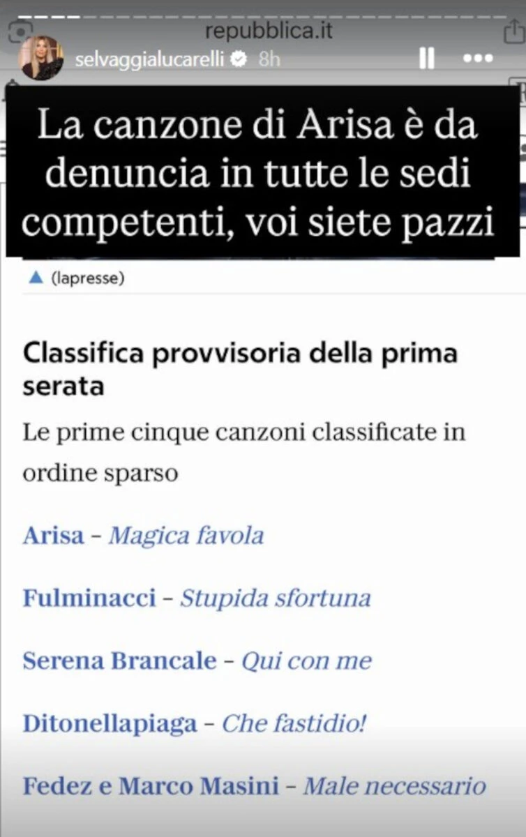 Schermata del commento di Selvaggia Lucarelli su Sanremo 2026
