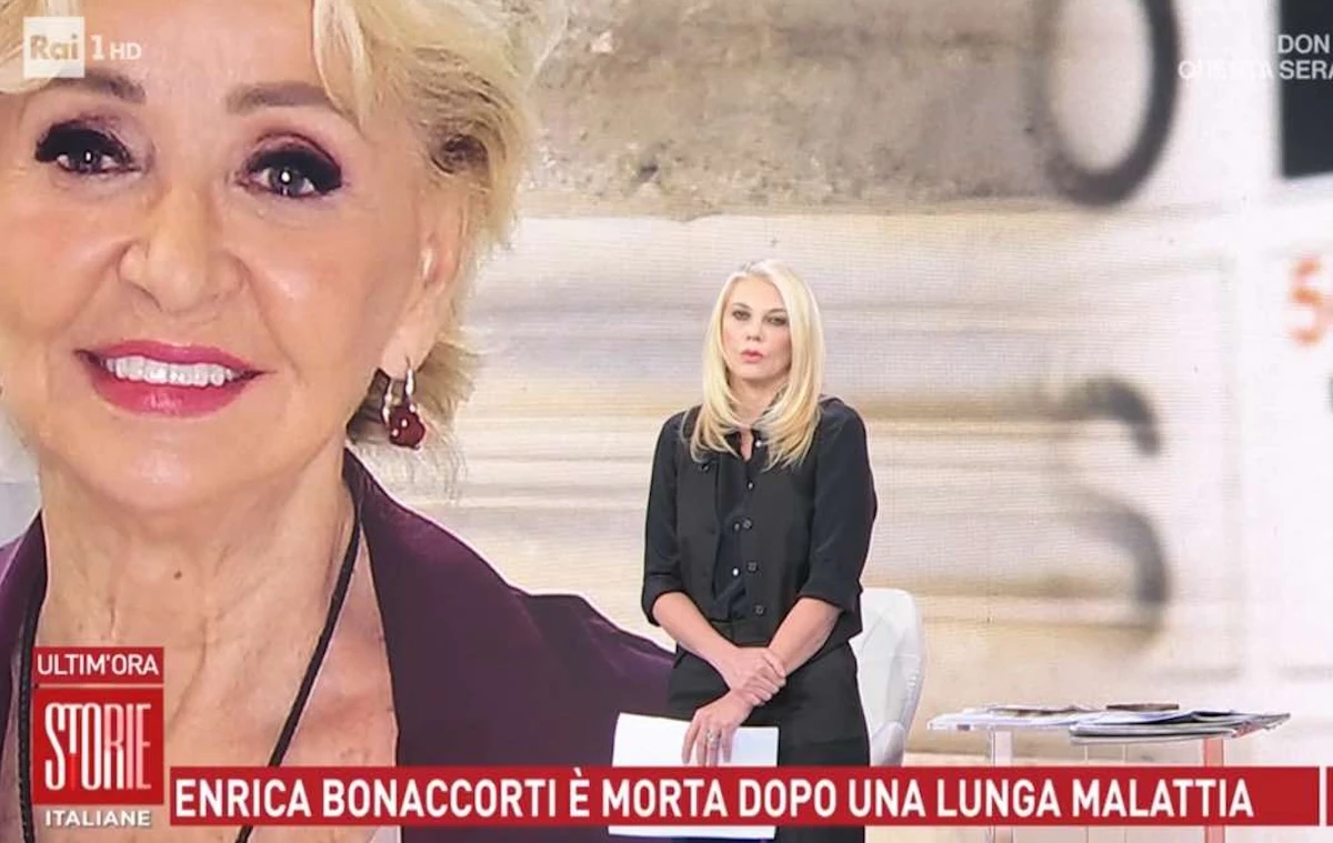 Eleonora Daniele in studio a Storie Italiane durante l'annuncio su Enrica Bonaccorti