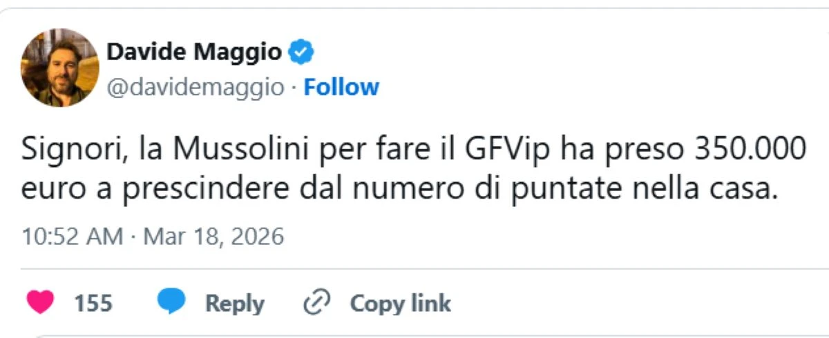 Grafica sul cachet di Alessandra Mussolini al Grande Fratello Vip