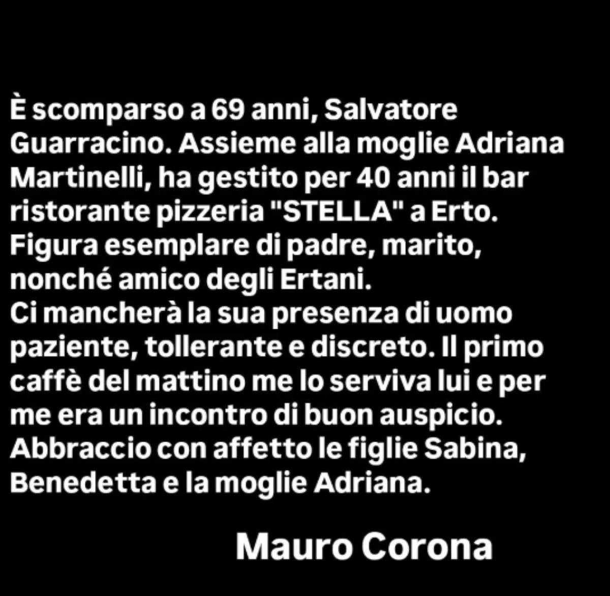 Mauro Corona e il messaggio di cordoglio per Erto