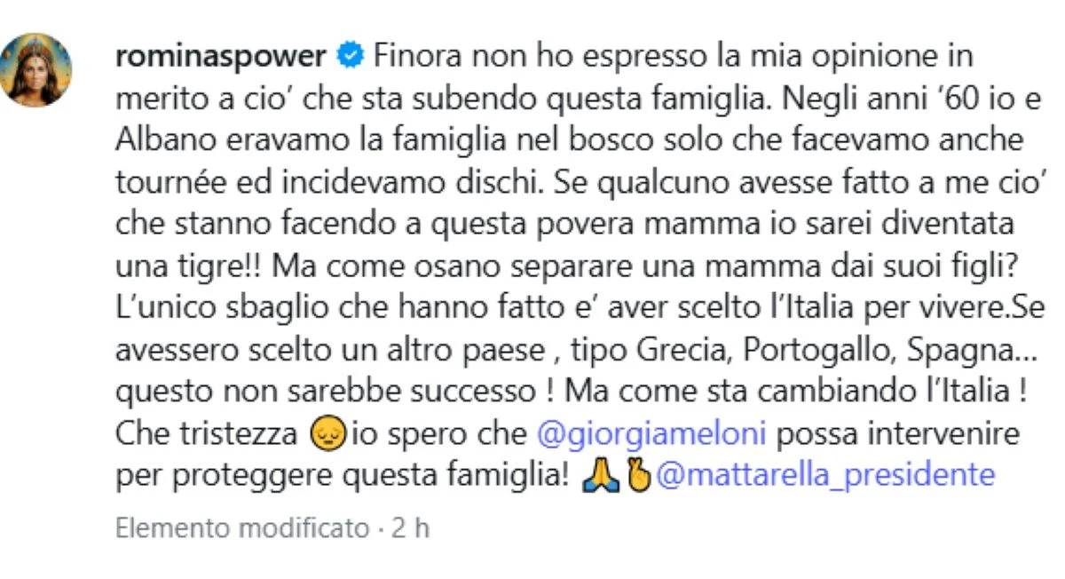 Romina Power e riferimenti alla famiglia nel bosco