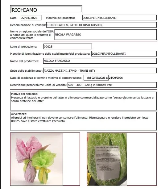 Avviso di richiamo del lotto di cioccolato segnalato dal Ministero della Salute