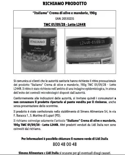 Lidl, crema di olive e mandorle richiamata per indagine epidemiologica: rischi e lotto interessato