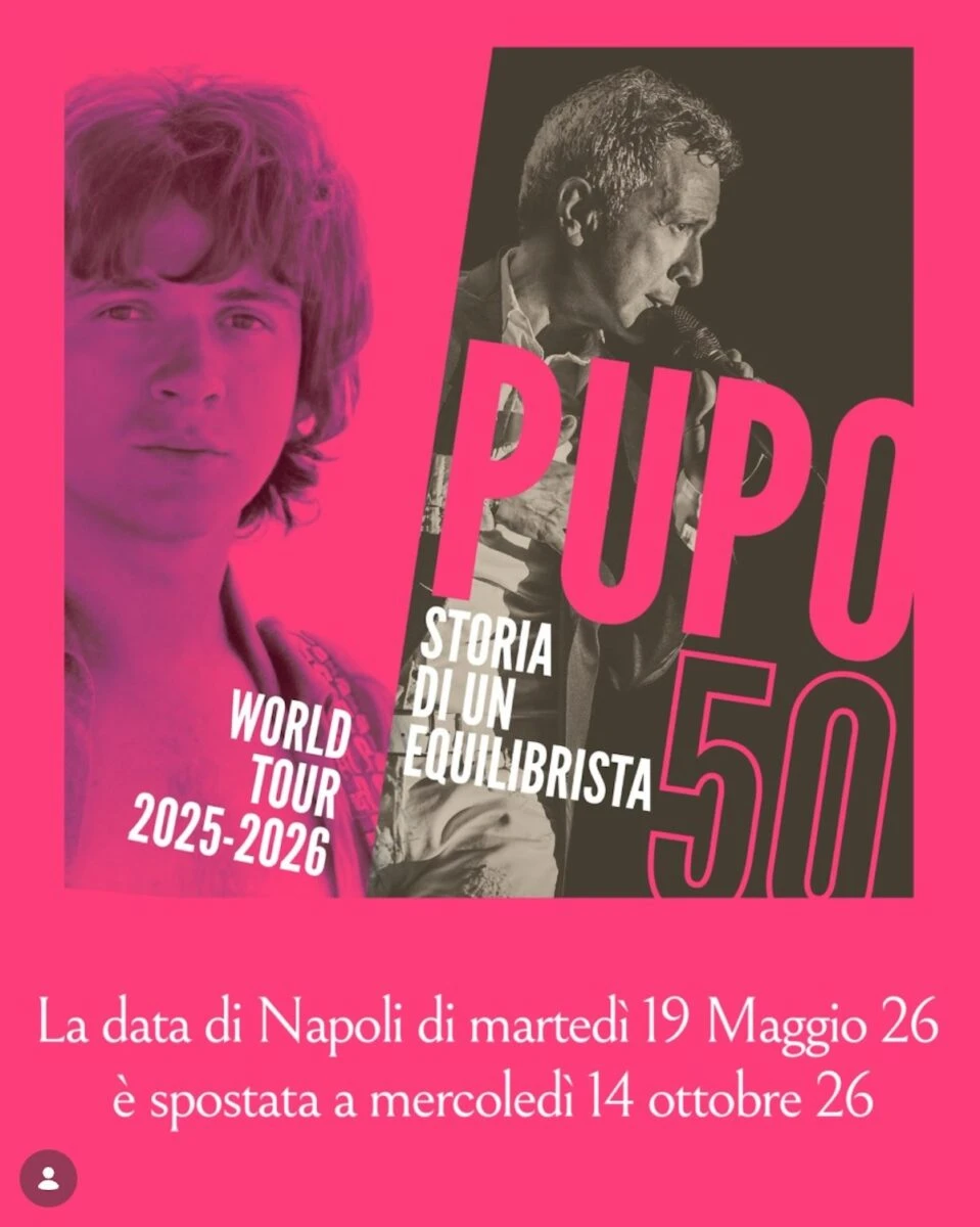 Immagine di Pupo durante un momento pubblico legato all'annuncio dell'annullamento