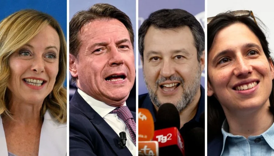 Leader politici italiani e grafica su sondaggi elettorali