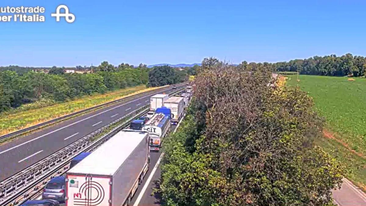 Camion con escavatore coinvolto in incidente in autostrada con danni a un cavalcavia