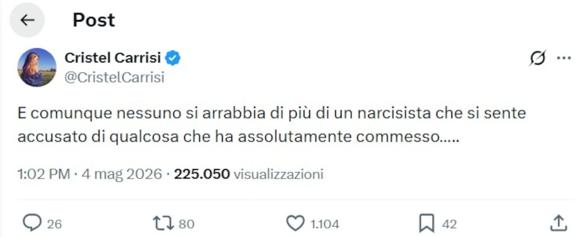 Screenshot del post social di Cristel Carrisi