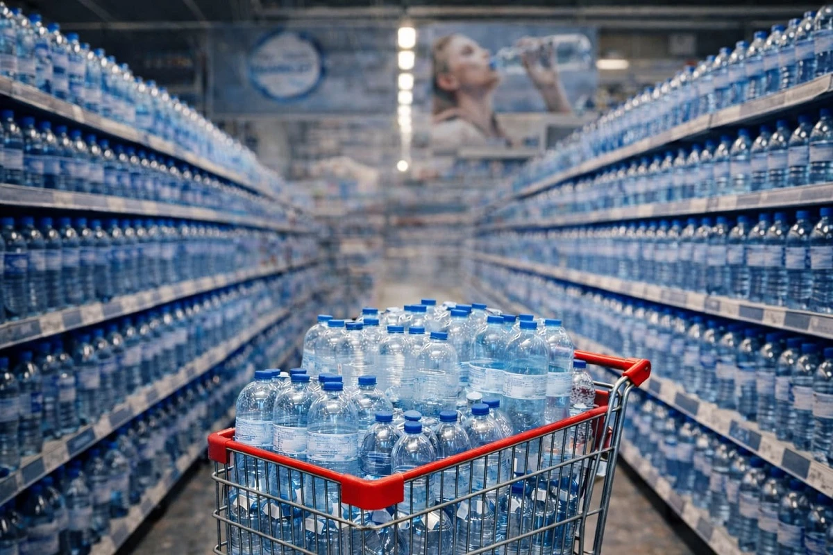 Reparto acqua minerale al supermercato con confezioni multipack