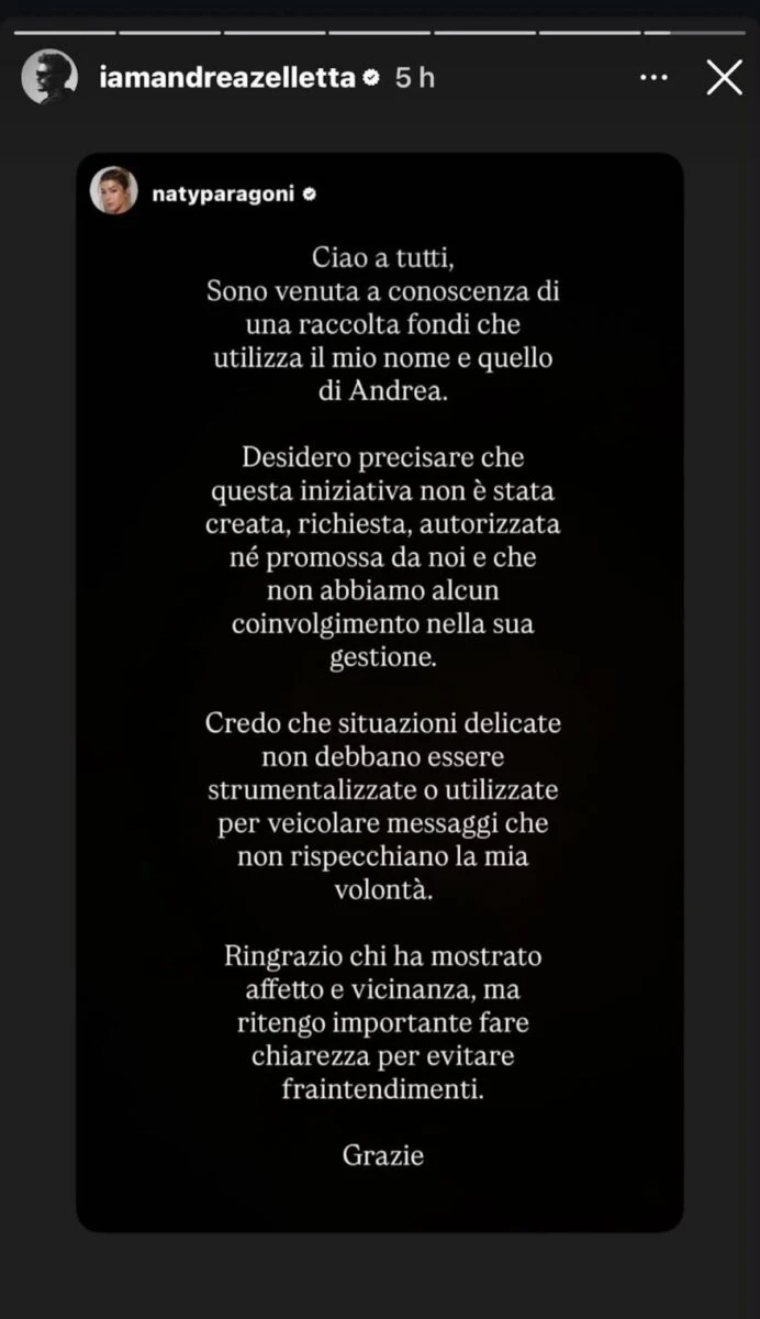 Natalia Paragoni durante un aggiornamento social sulla malattia