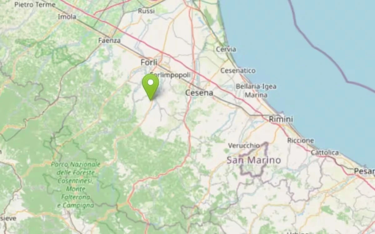 Mappa dell’area di Forlì-Cesena interessata dalla scossa di terremoto