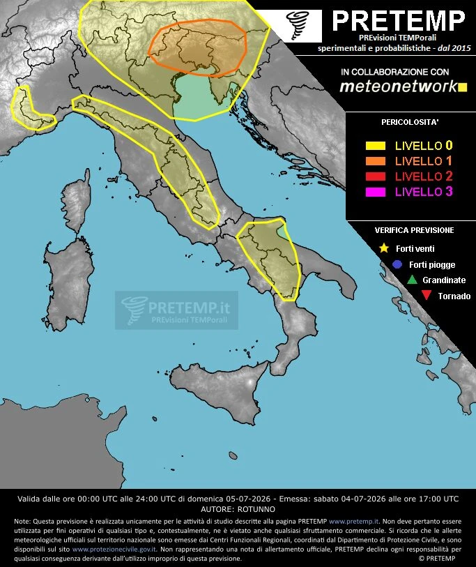 Mappa e scenario di allerta meteo con temporali severi sul Nord-Est