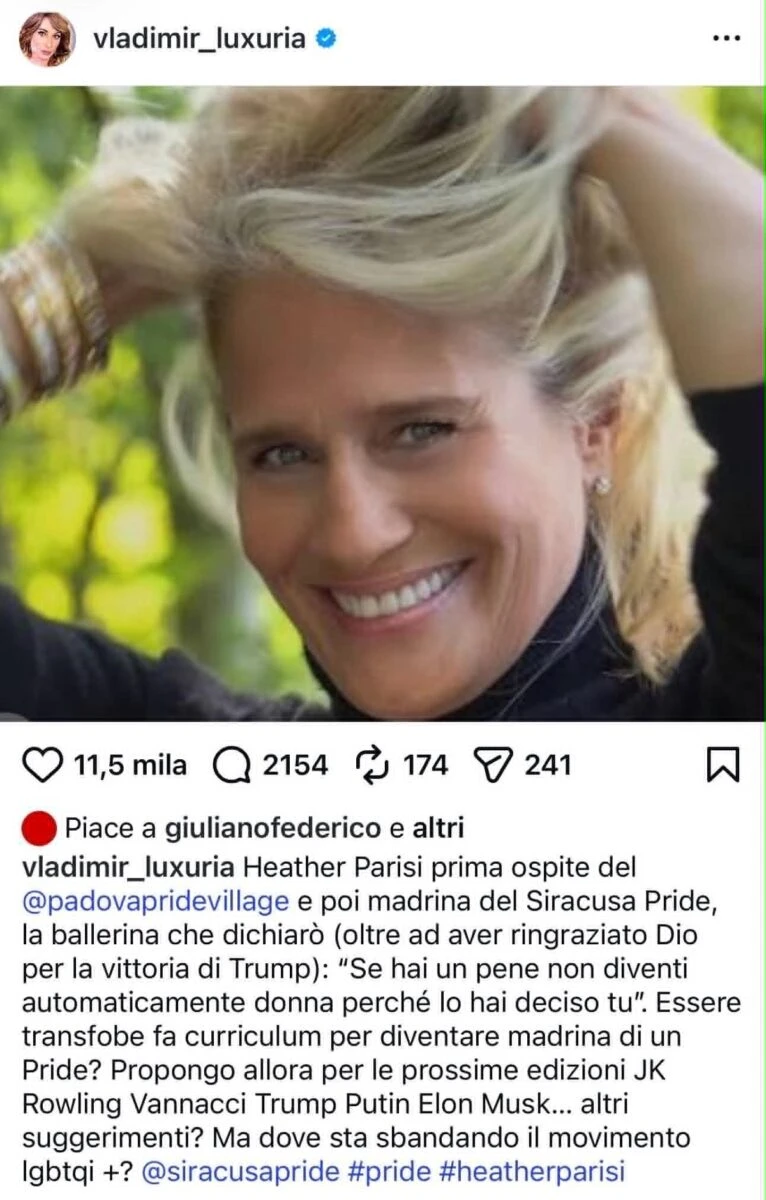 Heather Parisi e Vladimir Luxuria in un’immagine a confronto