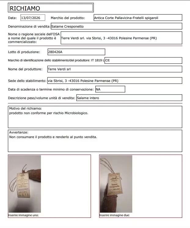 Avviso di richiamo per i salami Antica Corte Pallavicina Fratelli Spigaroli